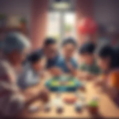 A family gathered around a table, enjoying a box card game together, fostering bonding moments.