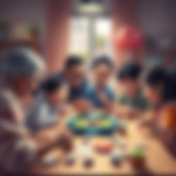 A family gathered around a table, enjoying a box card game together, fostering bonding moments.