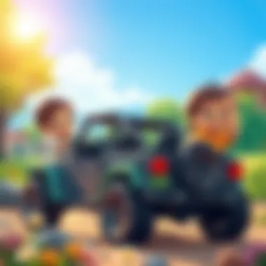 Children playing with a toy jeep in a vibrant outdoor setting.