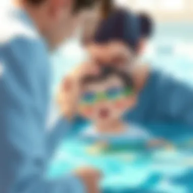 Parent assisting child with fitting swimming goggles