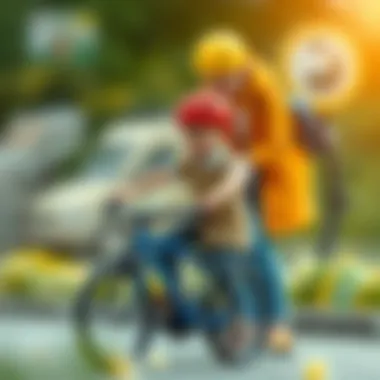 A parent assisting a child on a bicycle, emphasizing guidance and support.