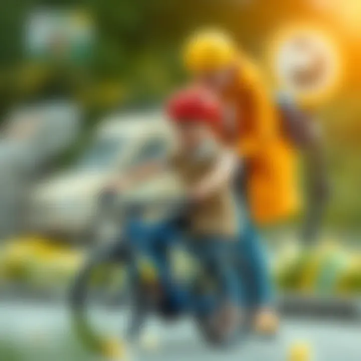 A parent assisting a child on a bicycle, emphasizing guidance and support.