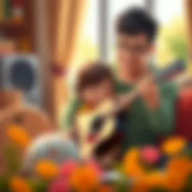 Parent teaching child to play guitar