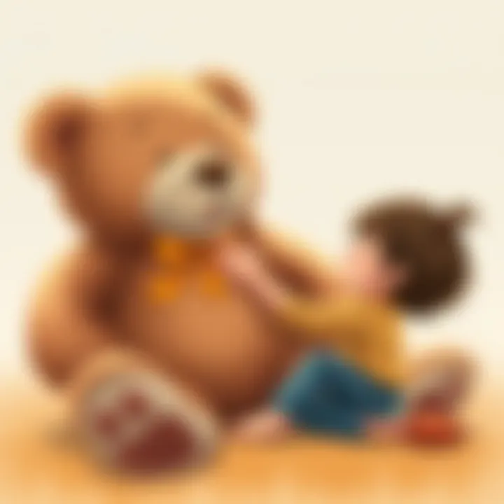 A child interacting playfully with a large teddy bear, showcasing the joy of companionship.