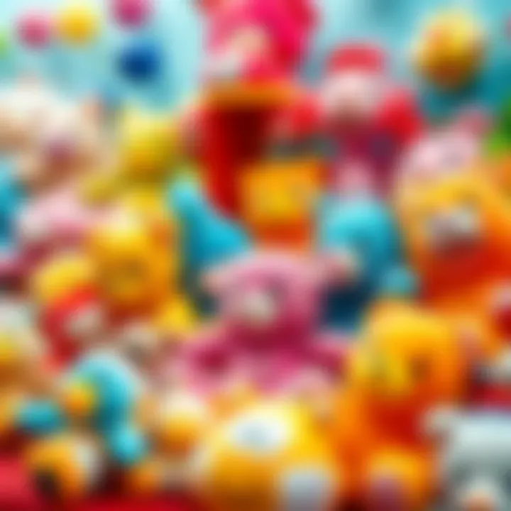 Colorful plush toys arranged in a playful scene