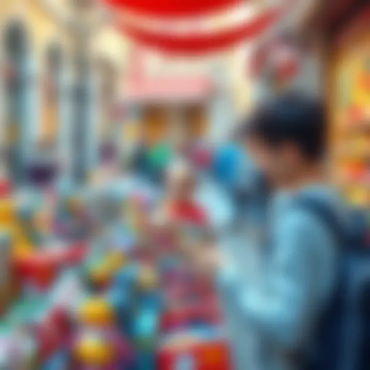 Parents selecting toys for their children in a piazza setting
