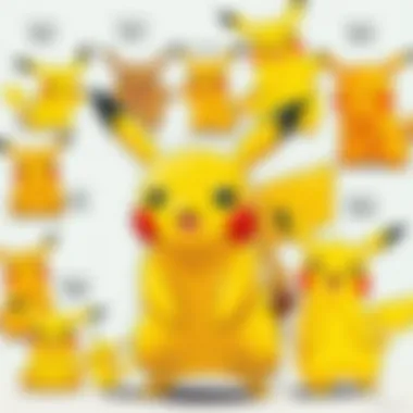 A collage of historical Pikachu designs reflecting its evolution over time.