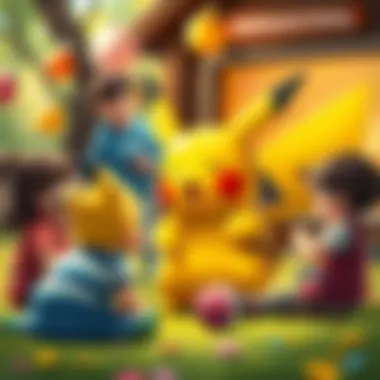 An artistic representation of Pikachu interacting with children during play.