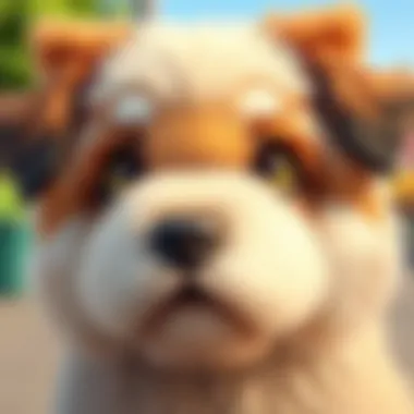 Close-up of a fluffy dog's face, highlighting its expressive eyes and charming features.