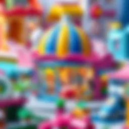Colorful Polly Pocket Rainbow Shopping Center surrounded by miniature shops