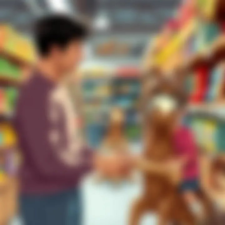 Parent and child selecting a wooden horse in a toy store