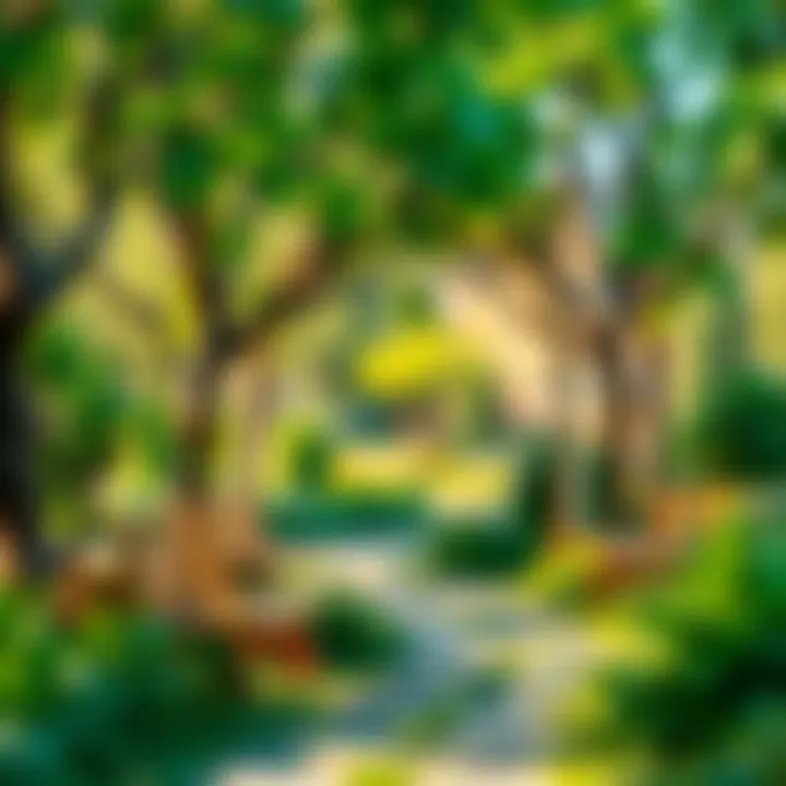 A serene small park with greenery and benches