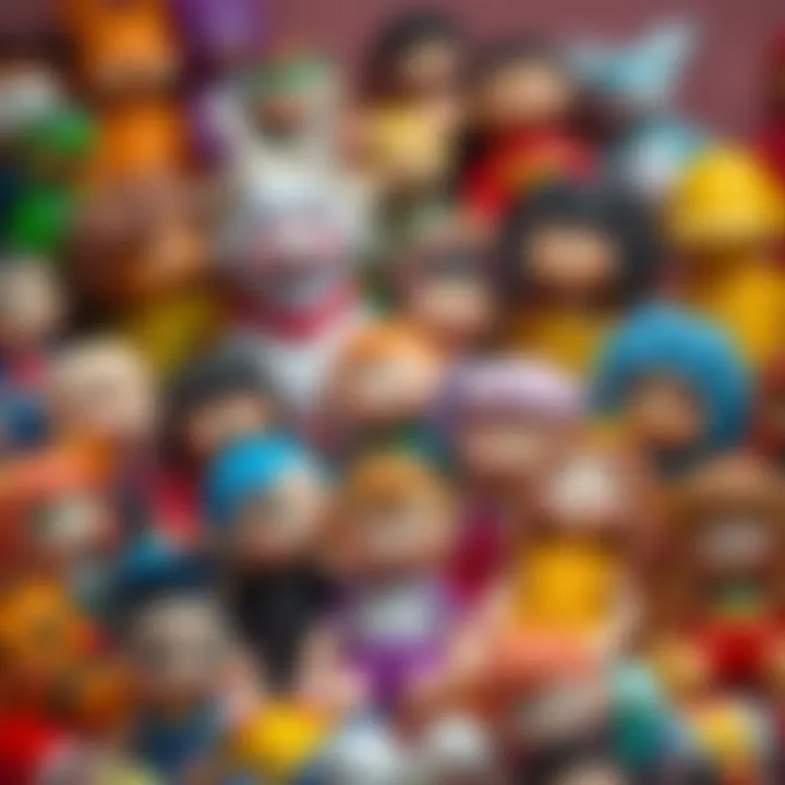 A vibrant collection of diverse toy dolls arranged playfully