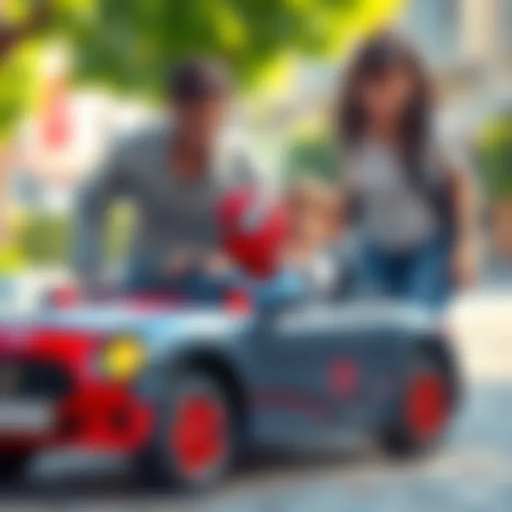 Parents supervising children playing with Spiderman car