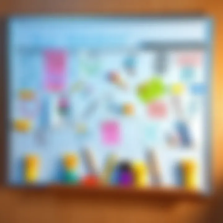 A colorful whiteboard showcasing various drawings and notes