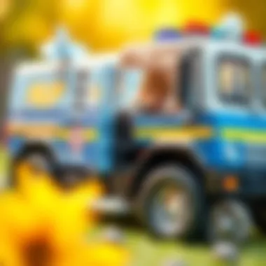 A child interacting with a cop truck in a therapeutic play environment