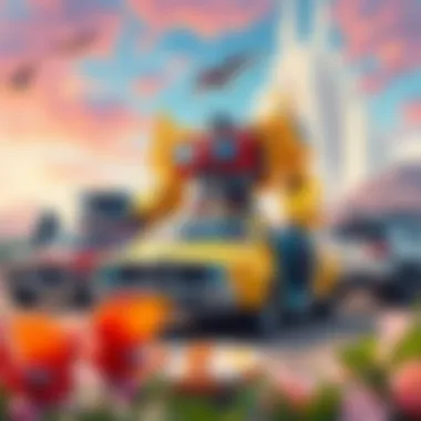 A vibrant scene showcasing iconic vehicle transformations