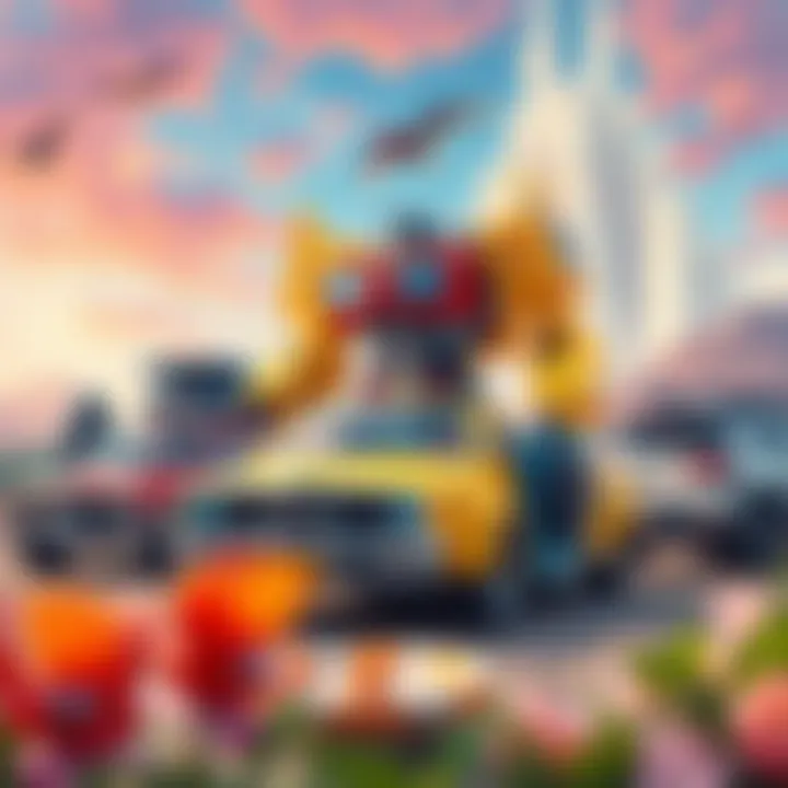 A vibrant scene showcasing iconic vehicle transformations