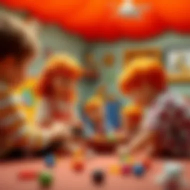 Children playing with orange-haired dolls in a creative setting