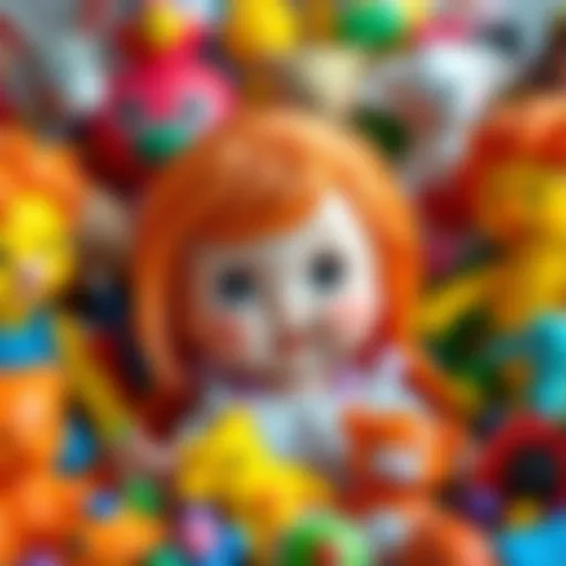 A vibrant orange-haired doll surrounded by colorful toys