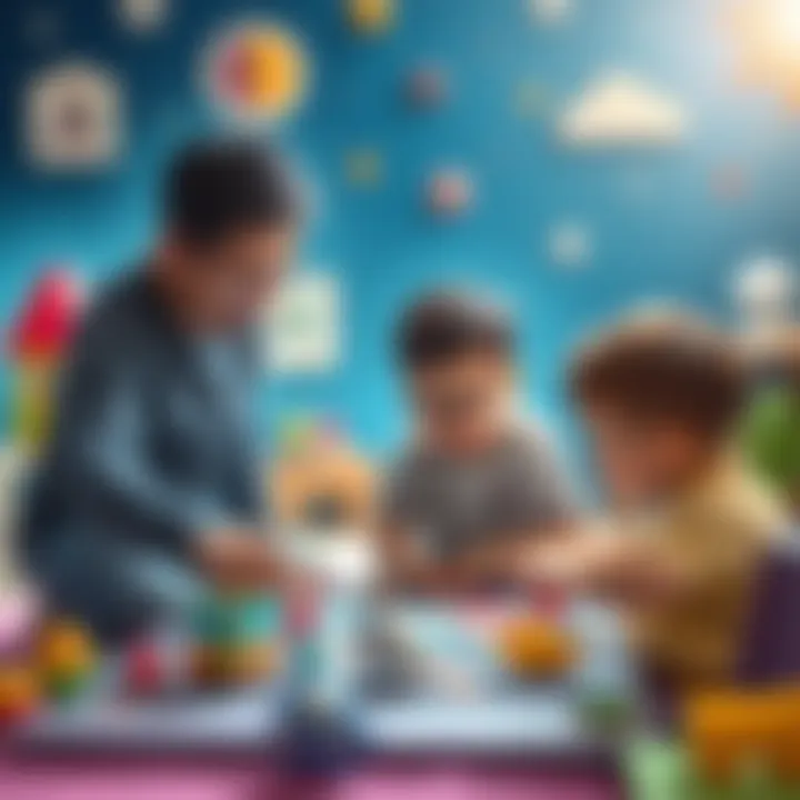 Parents guiding their children in solving a space-themed puzzle