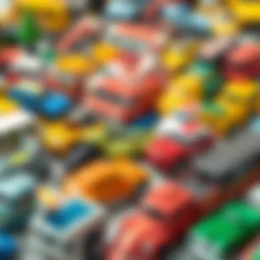 Various types of Matchbox toys displayed in a colorful arrangement.