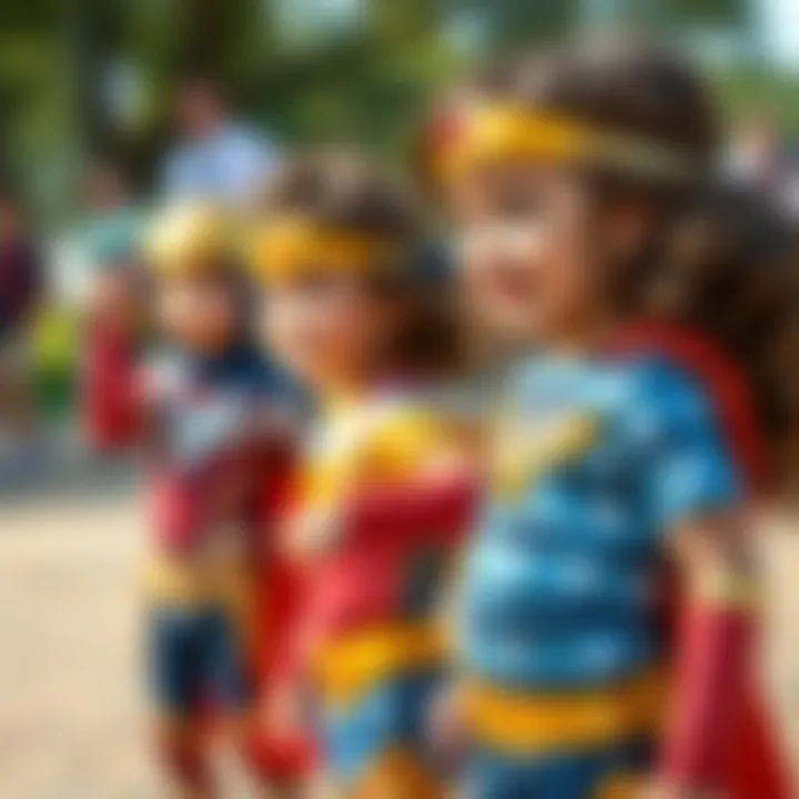 Children engaging in play while wearing Wonder Woman costumes